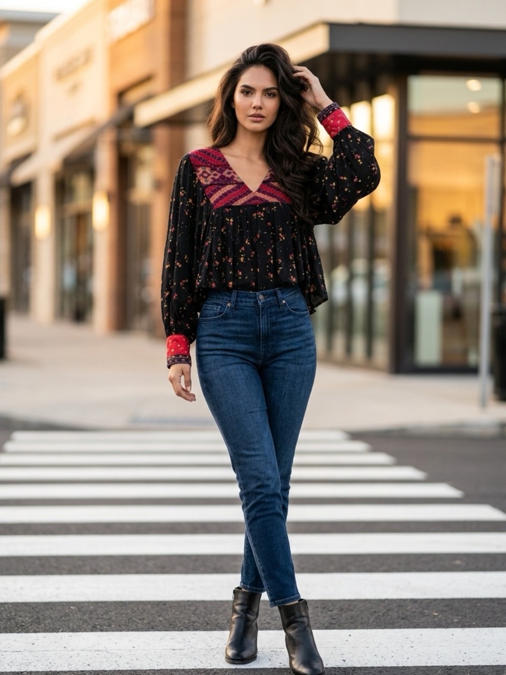 Free People Black Floral Blouse with Red Patterned Yoke